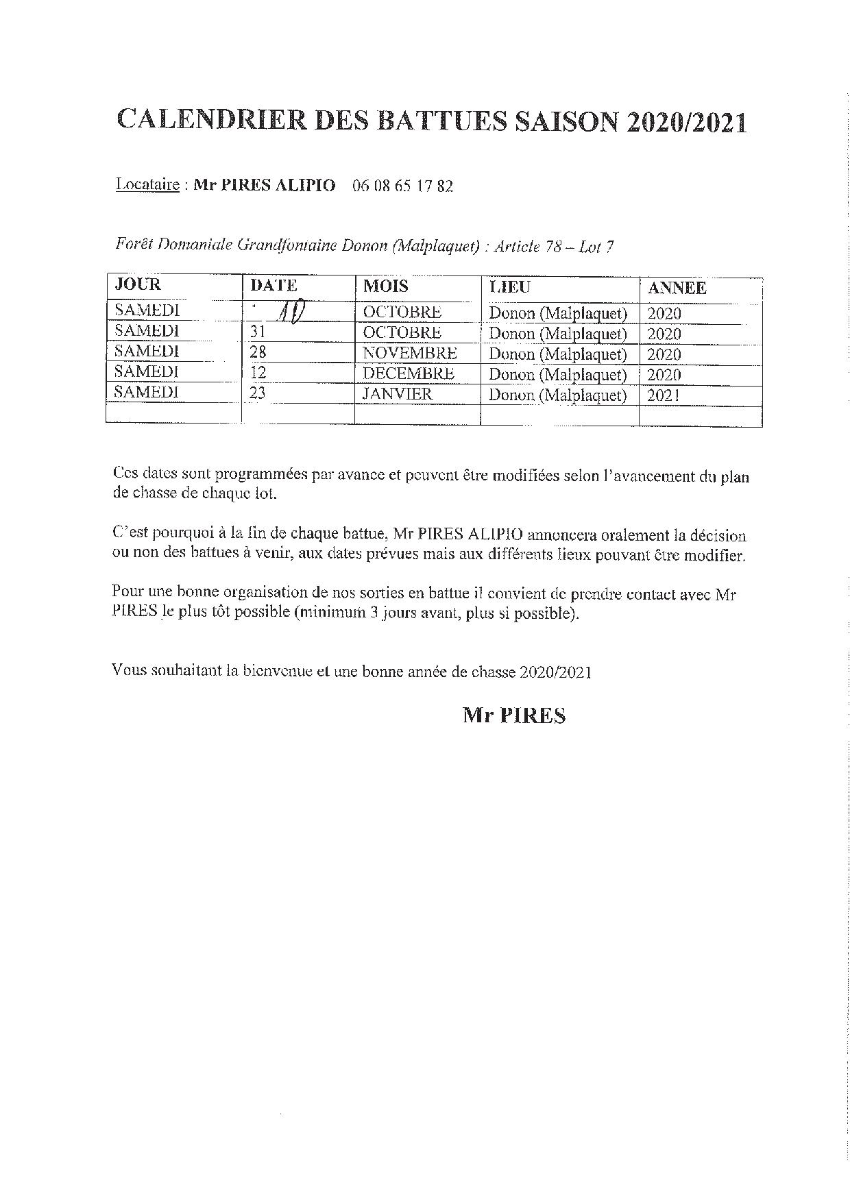 Calendrier des battues saison 2020/2021 en Forêt Domaniale de Grandfontaine (Malplaquet) Lot 7