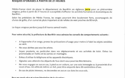 ALERTE VIGILANCE JAUNE POUR RISQUES D’ORAGES