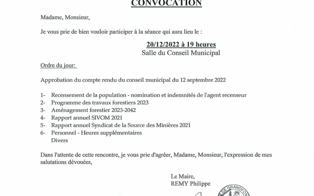 CONSEIL MUNICIPAL DU 20 DECEMBRE 2022 A 19H00