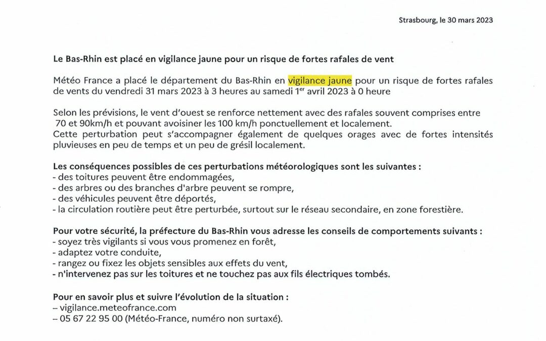 VIGILANCE JAUNE  FORTES RAFALES DE VENT