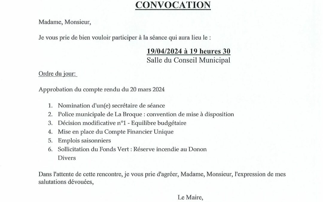 CONSEIL MUNICIPAL DU 19 AVRIL 2024 A 19H30