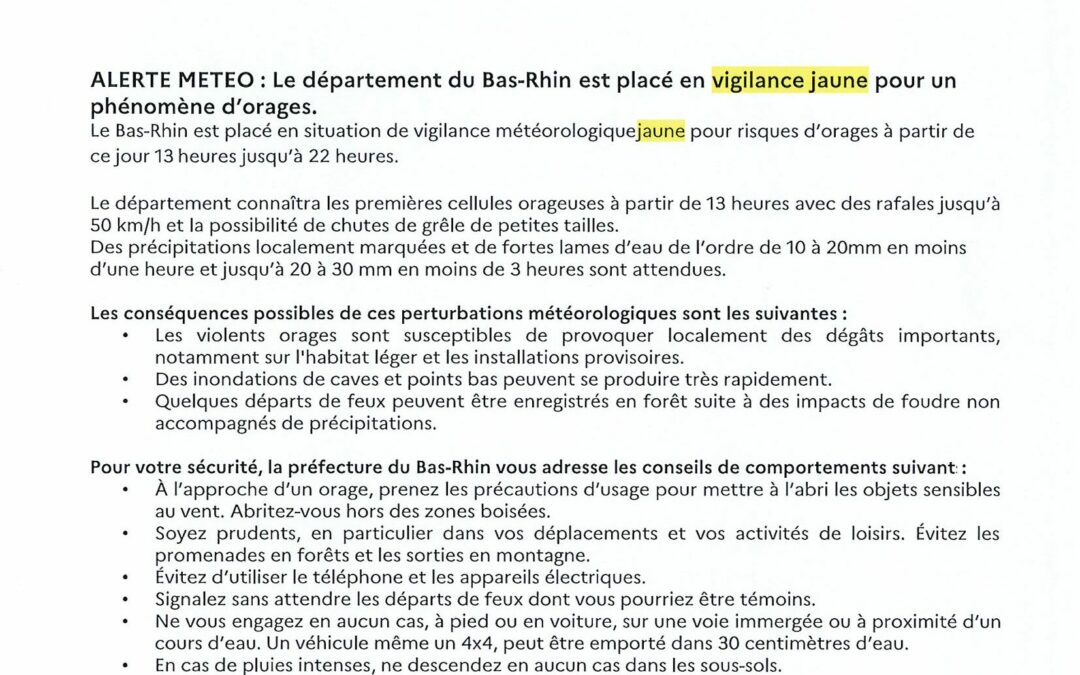 ALERTE METEO – VIGILANCE JAUNE ORAGE