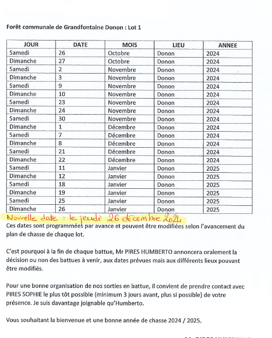 FORET COMMUNALE DE GRANDFONTAINE – NOUVELLE DATE DE BATTUE DE CHASSE
