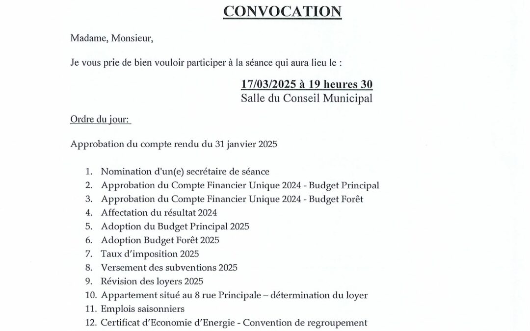 Conseil municipal du lundi 17 mars 2025 à 19h30